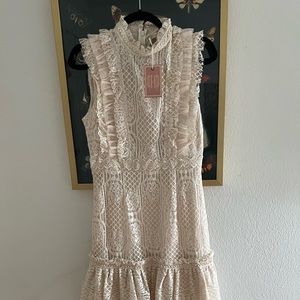 Champagne and strawberry cream lace midi dress